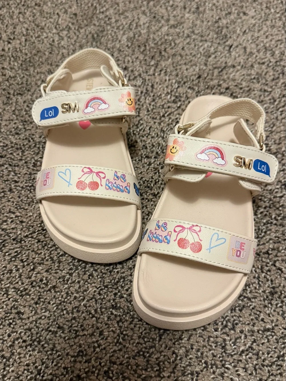 Steve Madden Girls Cream Sandals with Cherry & Rainbow Accents